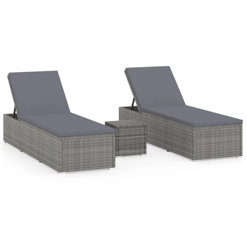 VidaXL 3-delige Ligbeddenset Met Theetafel Poly Rattan Grijs 1 VidaXL 3-delige Ligbeddenset Met Theetafel Poly Rattan Grijs