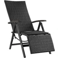 Tectake Wicker Tuinstoel Opklapbaar Met Aluminium Frame En Voetsteun, Zwart