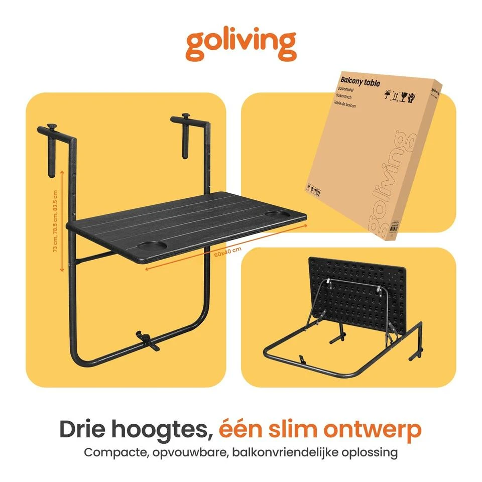 Goliving Balkontafel - Inklapbaar - Hangend - 60 X 40 Cm - Hoogteverstelbaar 8 Goliving Balkontafel - Inklapbaar - Hangend - 60 X 40 Cm - Hoogteverstelbaar - Afbeelding 8
