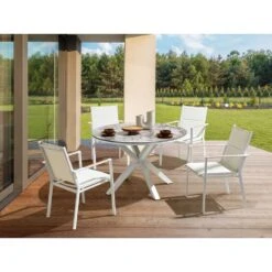 MALETTO - Tuintafel - Wit/Marmer Effect - ⌀ 120 Cm - Aluminium -Beliani Winkel a1b700ac274344f4807385f4477746b4