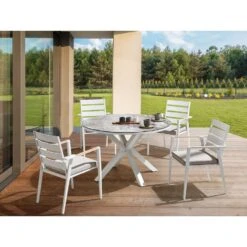 MALETTO - Tuintafel - Wit/Marmer Effect - ⌀ 120 Cm - Aluminium -Beliani Winkel bcb47d3574c7489883d853f2d34c9932