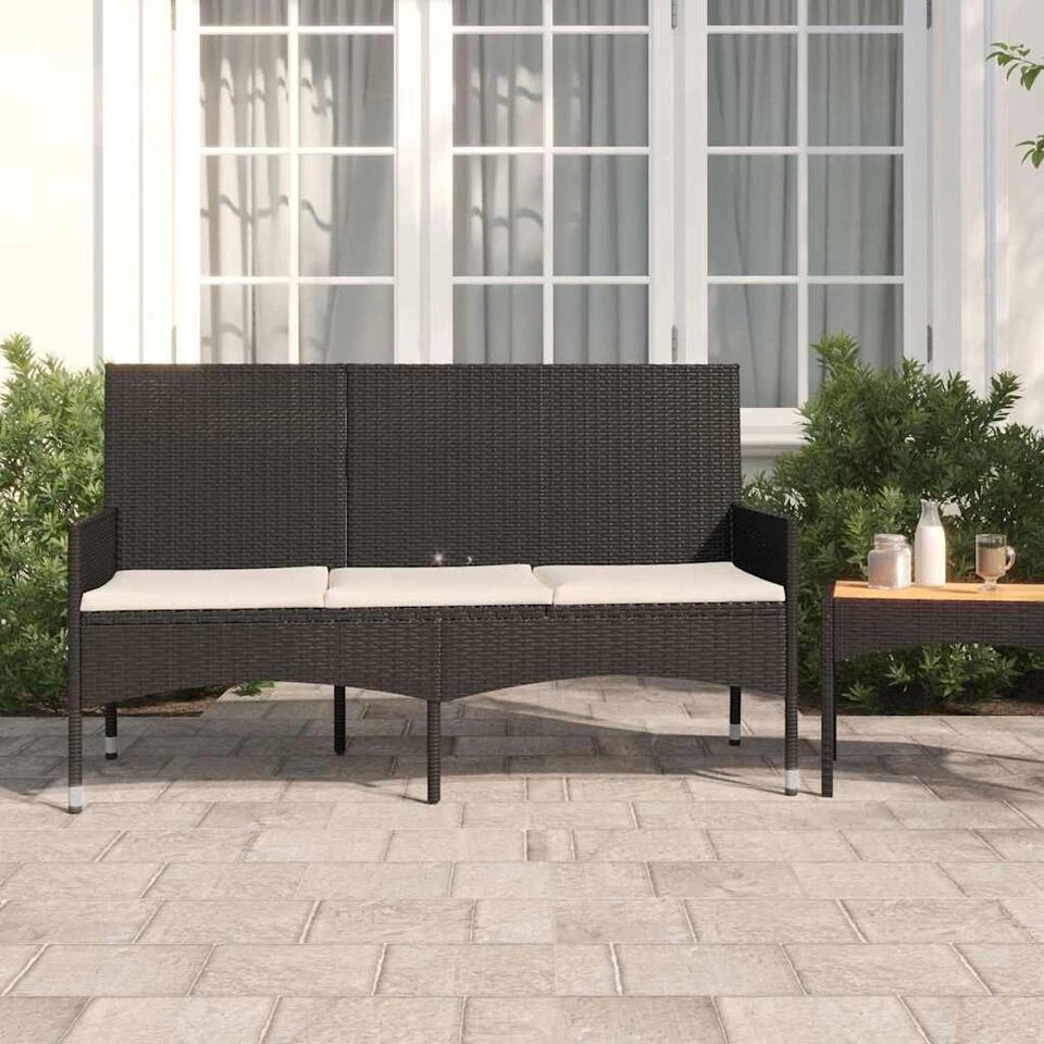 VidaXL - Tuinbank 3-zits - Zwart - Poly Rattan - Met Kussens 2 VidaXL - Tuinbank 3-zits - Zwart - Poly Rattan - Met Kussens - Afbeelding 2
