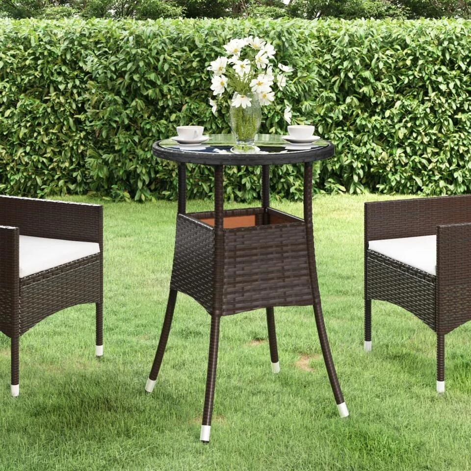 VidaXL Tuintafel Ø60x75 Cm Gehard Glas En Poly Rattan Bruin 2 VidaXL Tuintafel Ø60x75 Cm Gehard Glas En Poly Rattan Bruin - Afbeelding 2
