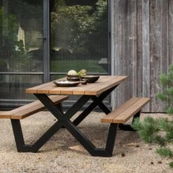 WOOOD Tablo Picknicktafel Met X-poot Buiten - Naturel - 75x206x145 -Beliani Winkel f242074005b94de496076049cb7aa76f