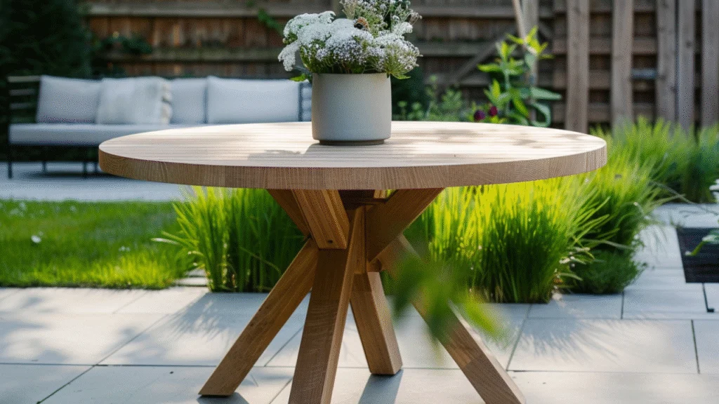 Beliani Winkel -Beliani Winkel ronde houten tuintafel met bloemenvaas terras 1024x576 1